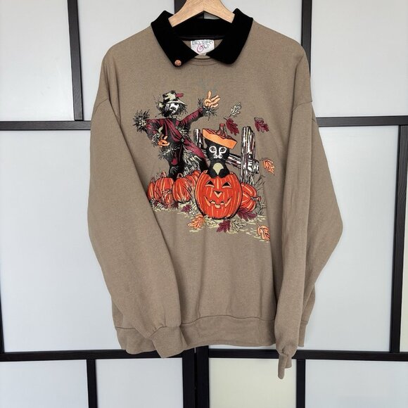 Blooming & Co Tops - Vintage Halloween Sweatshirt Women’s Large Black Cat Pumpkin Scarecrow 80/90s